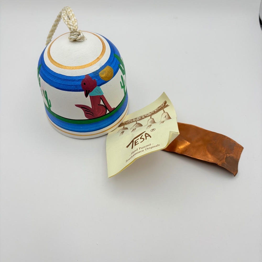 TESA Ornament Wind Bell White Blue Coyote Cactus Hand Painted Southwestern